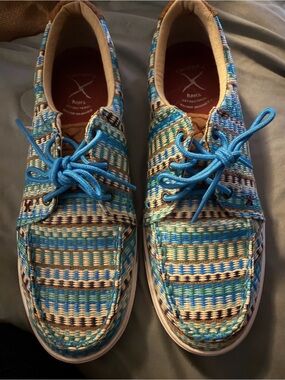 Twisted X Woven Lace-Up Flats - Blue, Teal & Cream